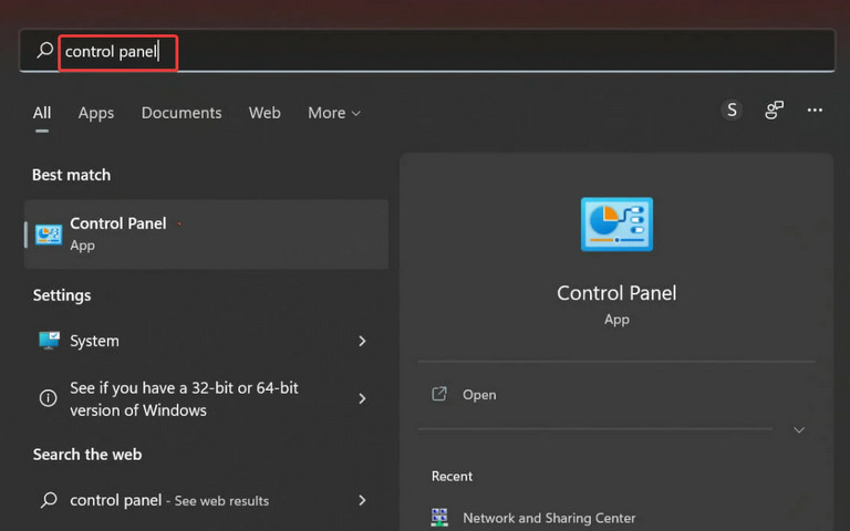 Mở cửa sổ Control Panel bằng cách nhập tìm kiếm "control panel" vào khung Search trên Start Menu