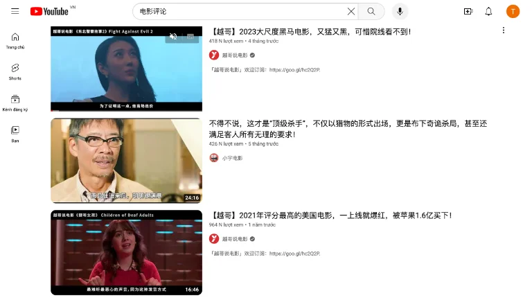Bạn có thẻ tìm kiếm nguồn video review phim trên Youtube tương tự với Douyin