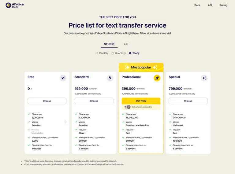 Vbee IVR Voice Recording service offers 4 flexible plans