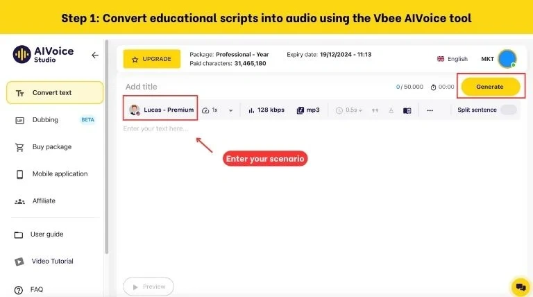 Convert educational scripts into audio using the Vbee AIVoice tool