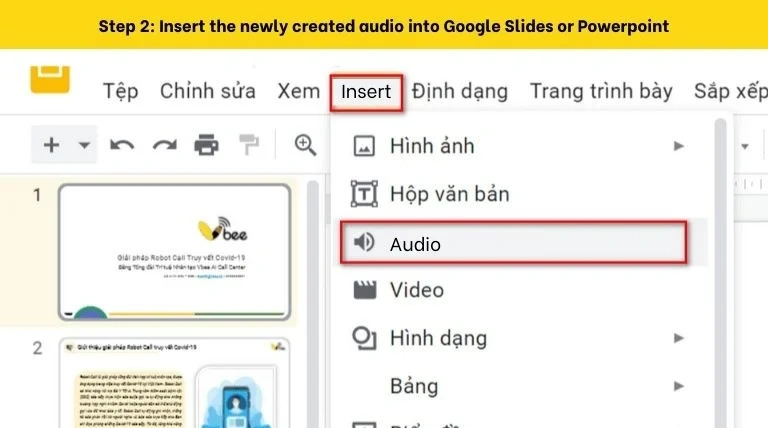 Insert the newly created audio into Google Slides or Powerpoint