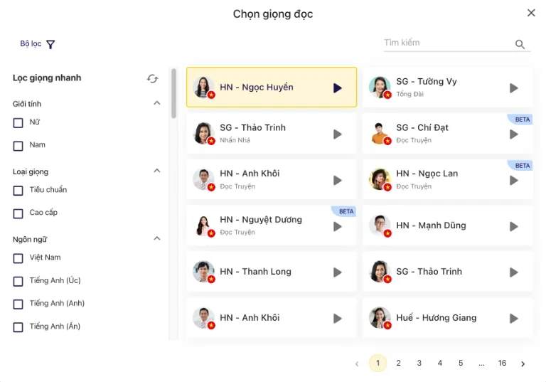Vbee hiện đang hỗ trợ chuyển văn bản thành giọng nói Huế với giọng Nữ Hương Giang và Nam Duy Phương