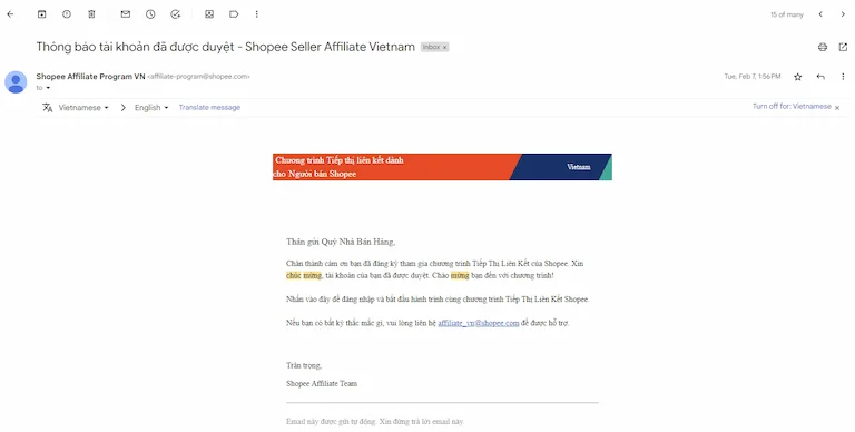 Email đăng ký tiếp thị liên kết cho Shopee thành công