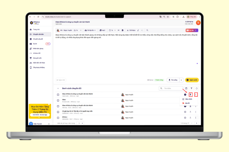 Hiệu chỉnh âm thanh tuỳ ý và tải xuống file để sử dụng audio