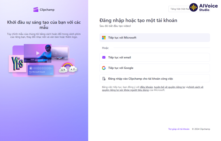 Đăng nhập hoặc đăng ký một tài khoản Clipchamp