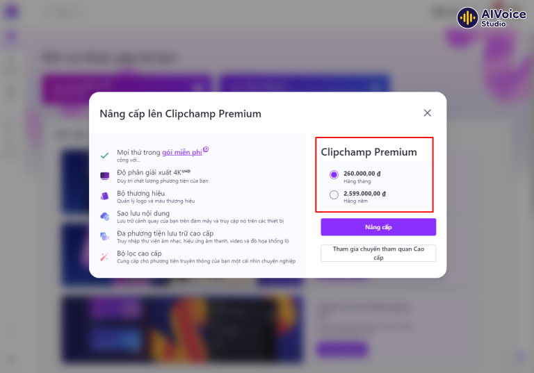 Giá gói cước Clipchamp