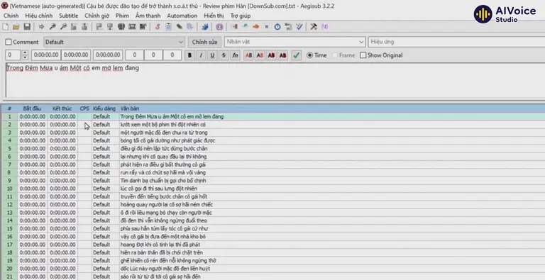 File phụ đề hiển thị trên Aegisub.