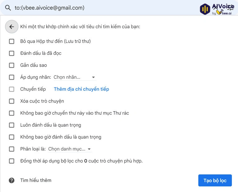 Các tùy chọn mà bạn có thể tùy chỉnh cho địa chỉ email của mình