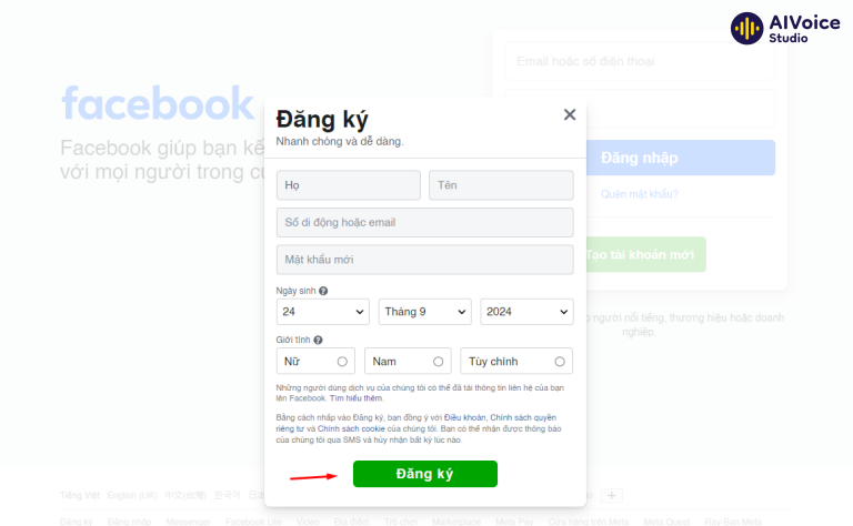 Điền đầy đủ thông tin và chọn “Đăng ký” để tạo tài khoản Facebook