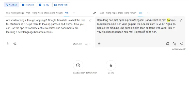 Dịch văn bản bằng Google dịch trên máy tính.