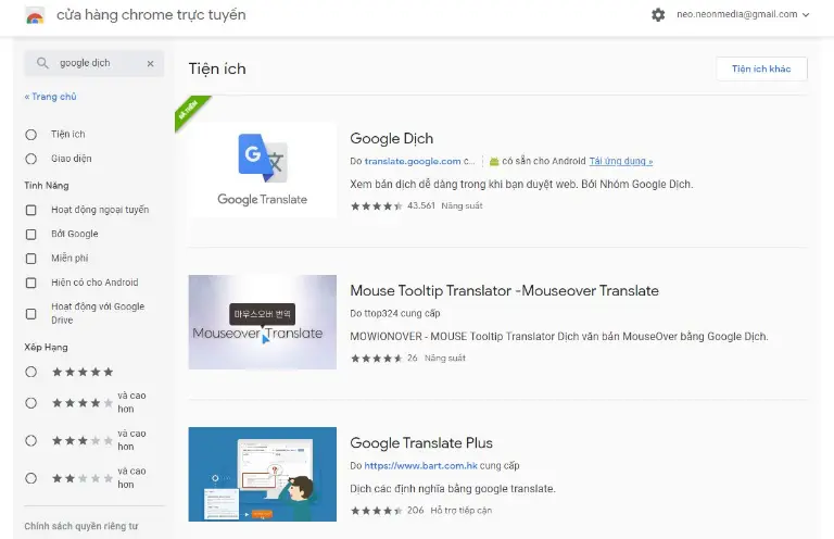 Tìm kiếm tiện ích Google dịch tại cửa hàng trực tuyến Google.