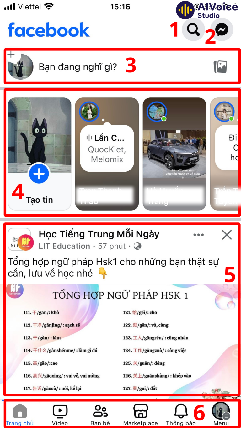 Giao diện trang chủ của Facebook trên điện thoại