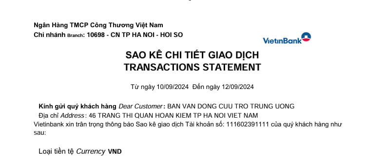 Sao kê Vietinbank Mặt trận Tổ quốc Việt Nam