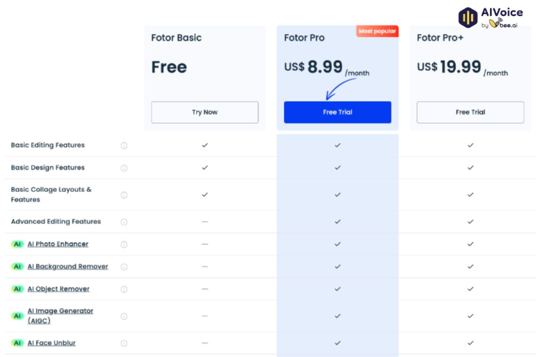 Chi phí theo gói sử dụng Fotor AI.
