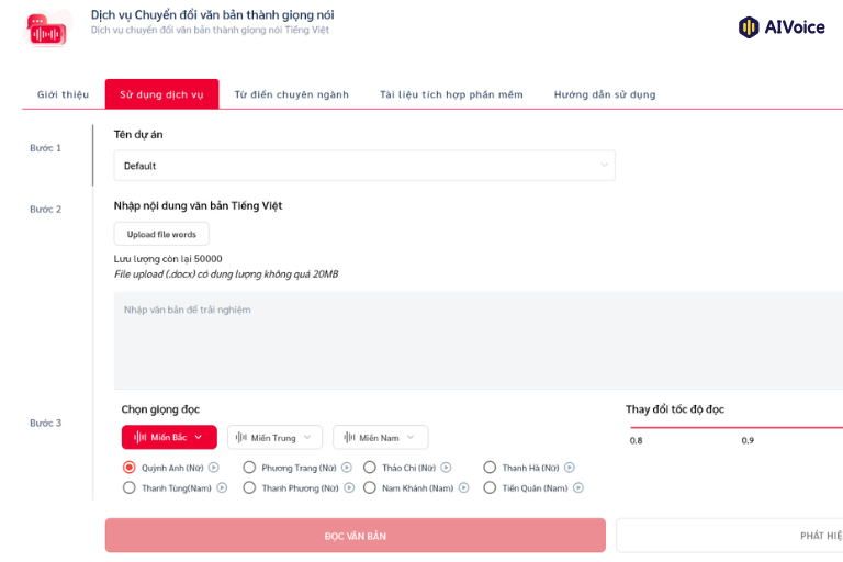Vbee AIVoice so với Viettel AI: nên chọn nền tảng TTS tiếng Việt nào? 1 Giao diện Dịch vụ Chuyển đổi văn bản thành giọng nói của Viettel AI.